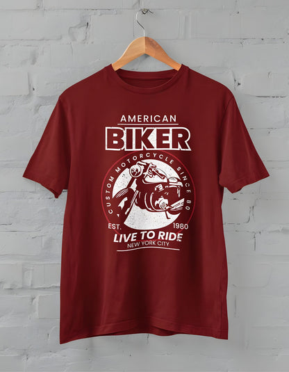 Channel your inner American biker with our bold and rugged t-shirt. Featuring classic biker style, this half-sleeve tee is perfect for showing off your love for the open road.