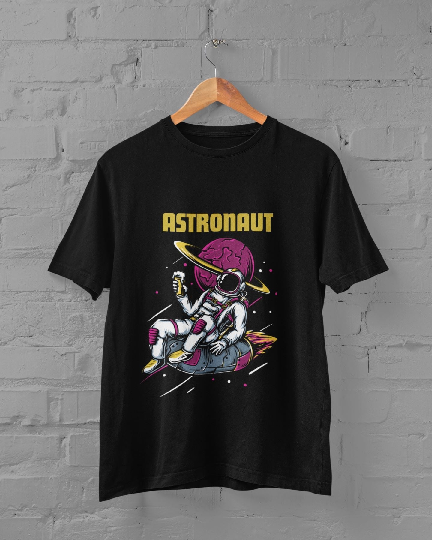 Astronaut chilling in space Design Printed in Black T-shirt