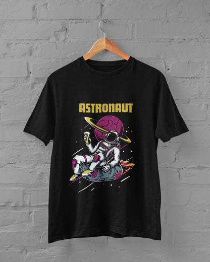 Astronaut chilling in space Design Printed in Black T-shirt