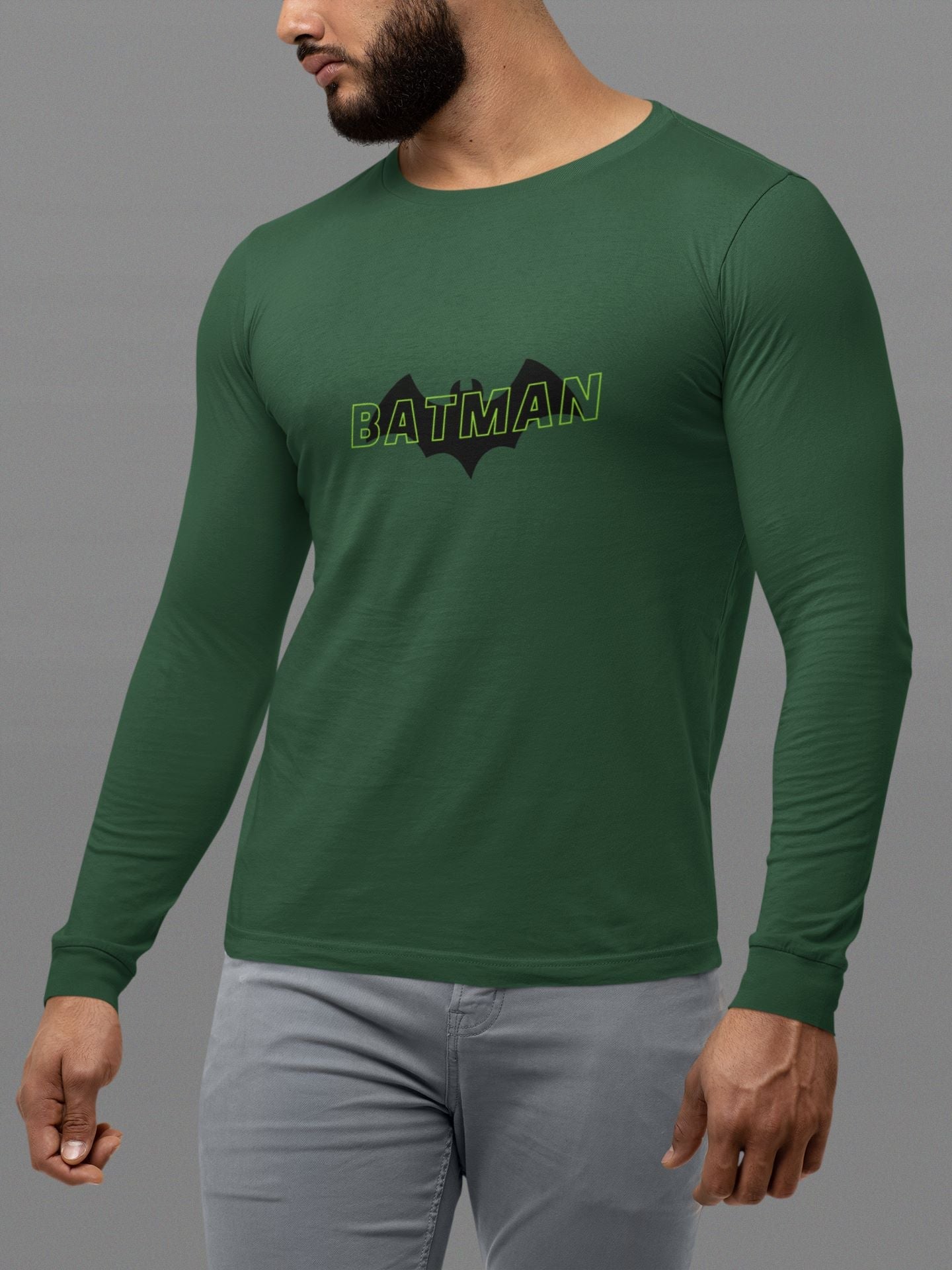 Batman Superhero Full Sleeve T-shirt for Men Bottle Green