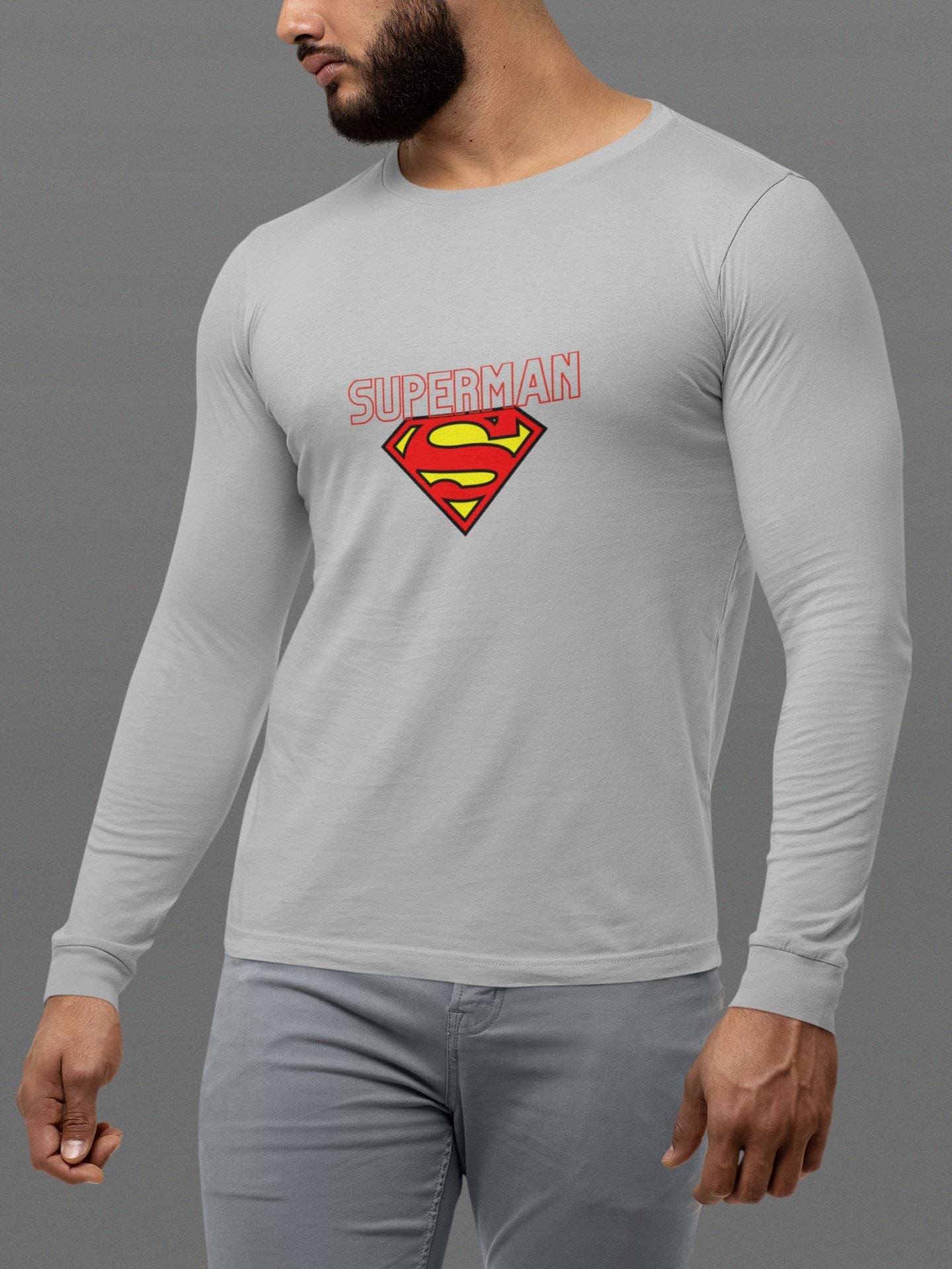 Superman Superhero Full Sleeve T-Shirt for Men Grey Melange