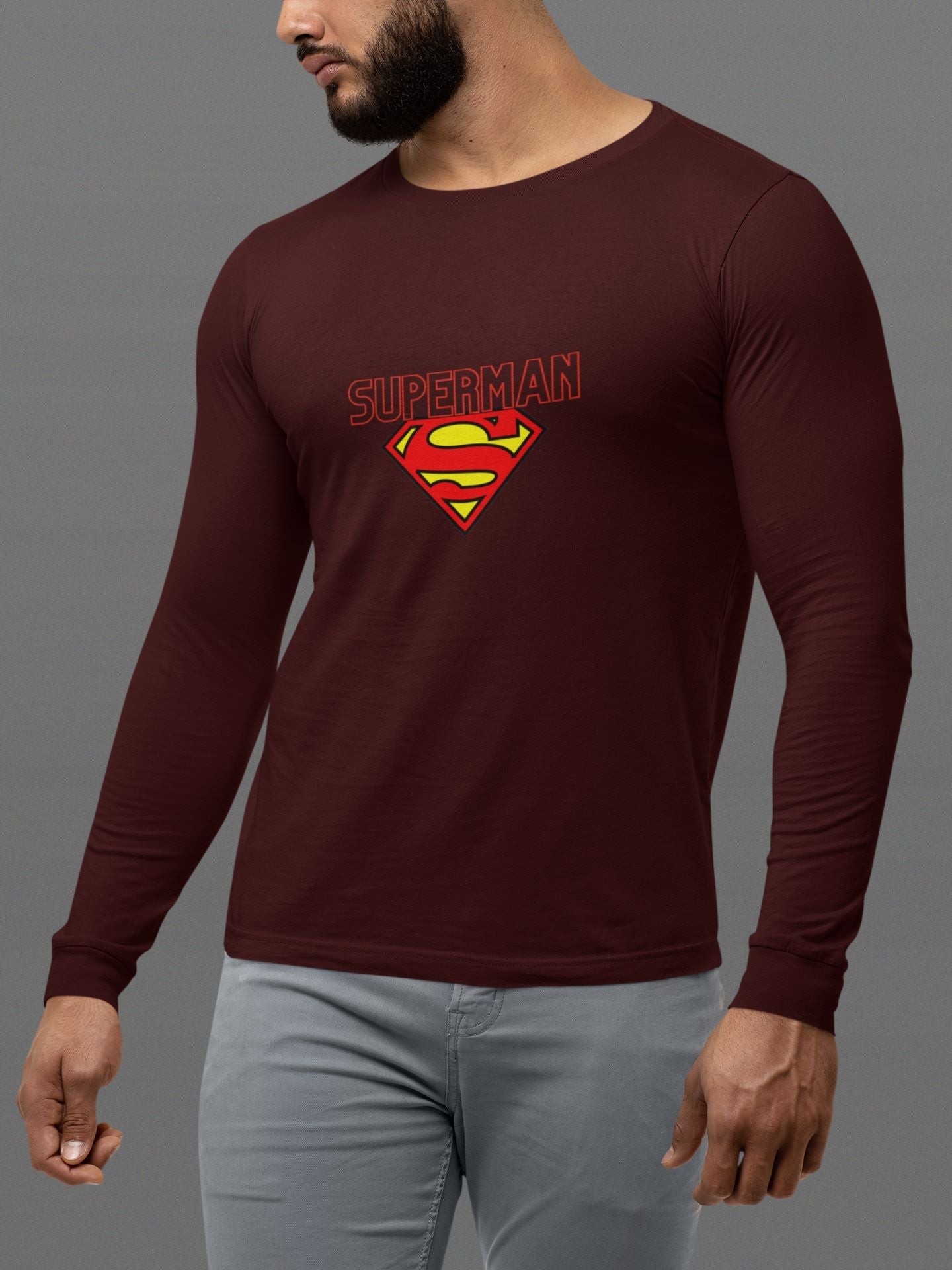 Superman Superhero Full Sleeve T-Shirt for Men Maroon