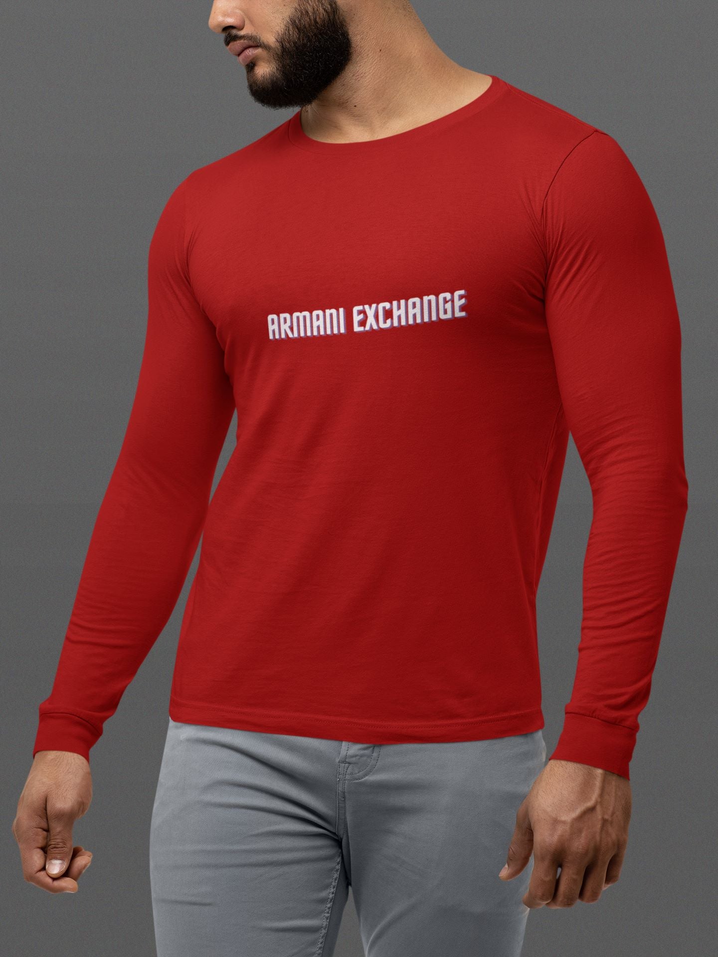 Men wearing Red Armani Exchange printed full Sleeve T-shirt