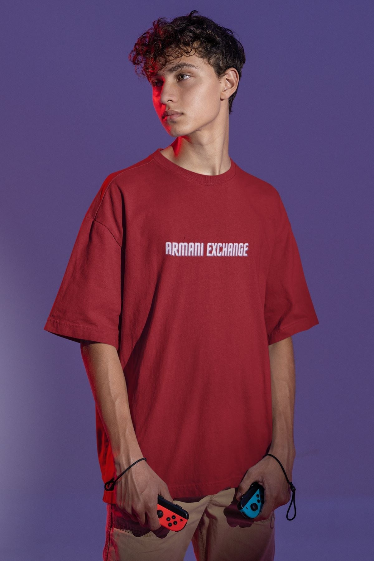 Men Wearing Printed Armani Exchange Red T-shirt