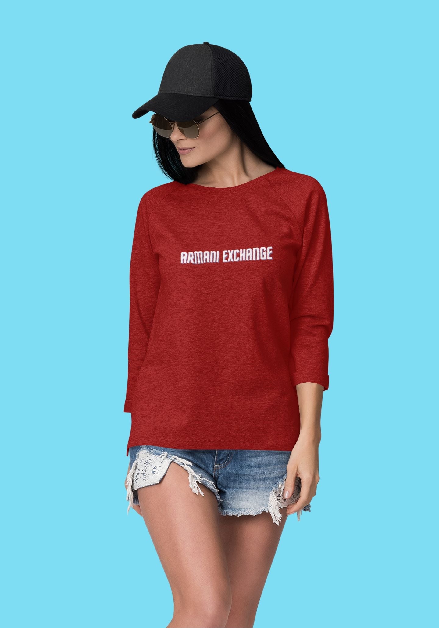 Girl wearing Red 3/4 Sleeve T-shirt with Printed Armani Exchange Custom Logo