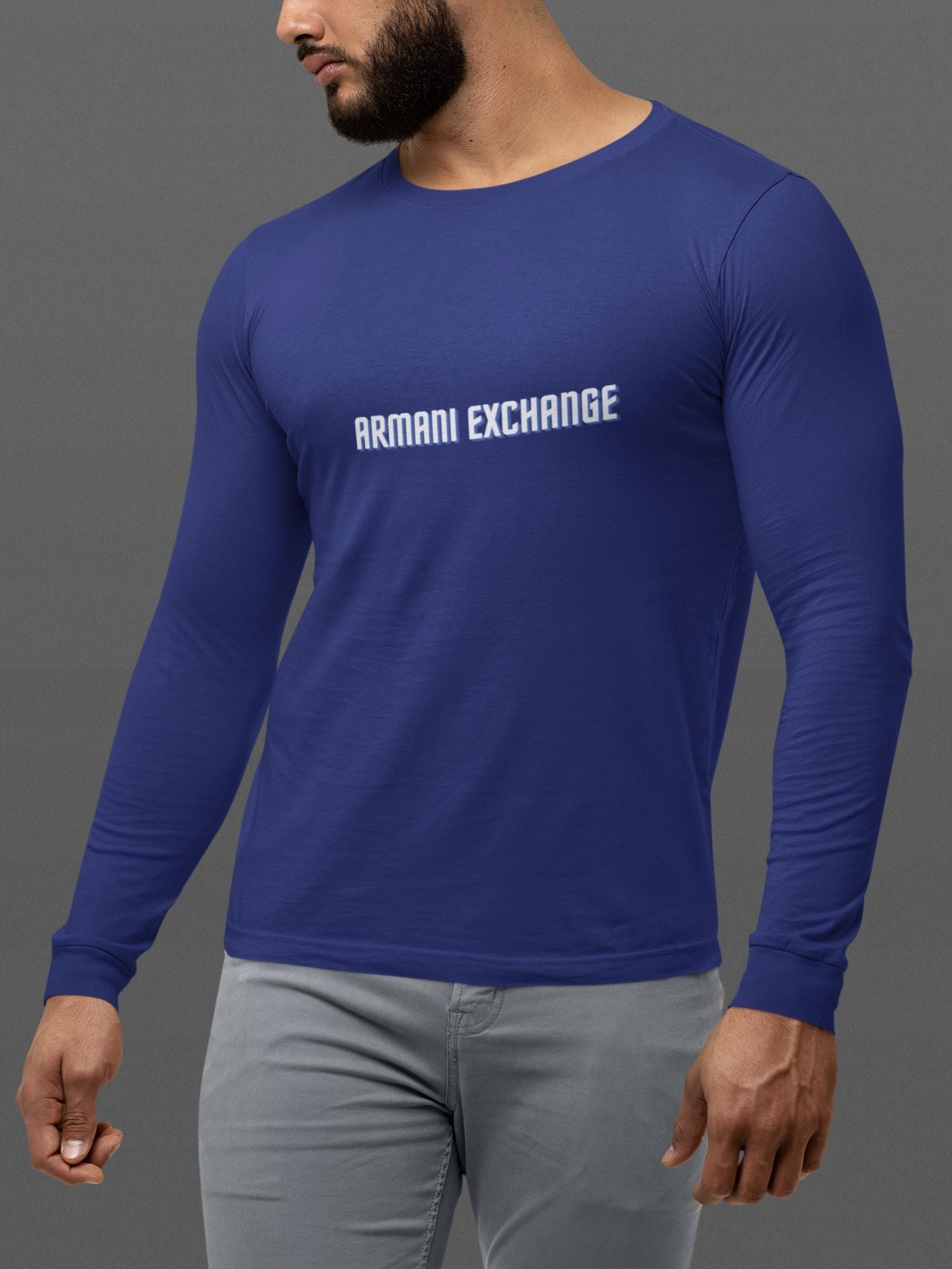 Men wearing Royal Blue Armani Exchange printed full Sleeve T-shirt