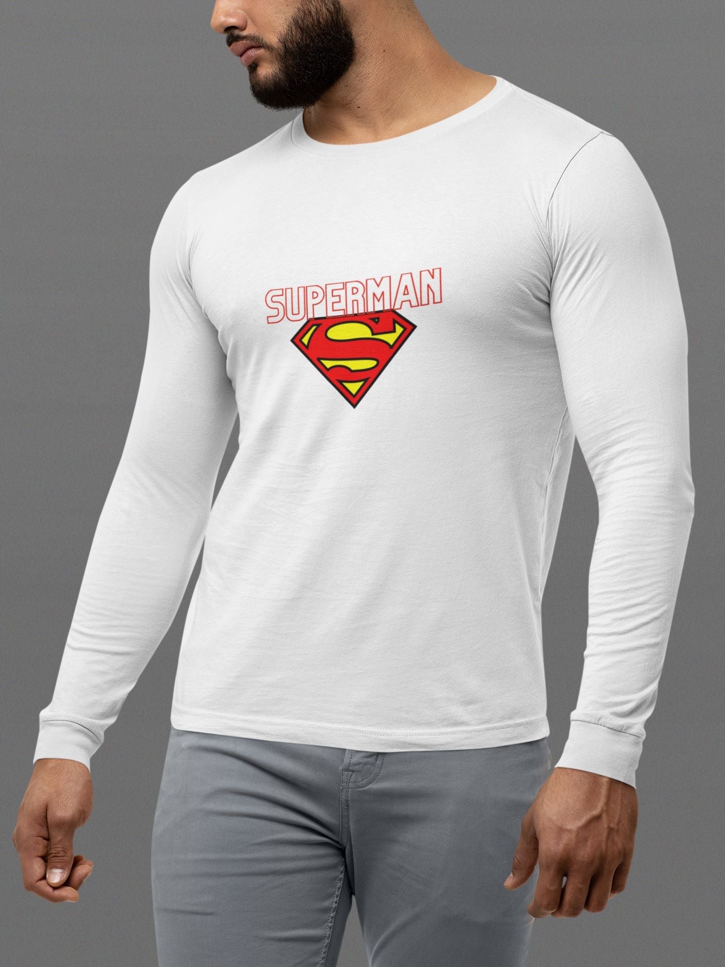 Superman Superhero Full Sleeve T-Shirt for Men White