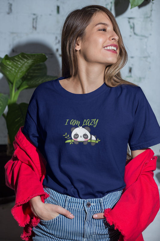 I am lazy panda Half Sleeve T-shirt for Women Royal Blue